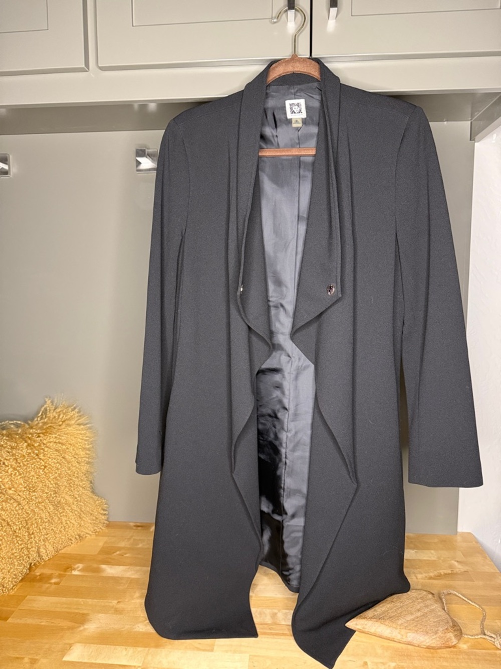 Anne Klein Black Long Open-Front Trench Coat